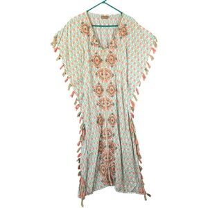 SKEMO Kaftan Dress Beach Cover Up Fringe Beads Embroidered Size Small